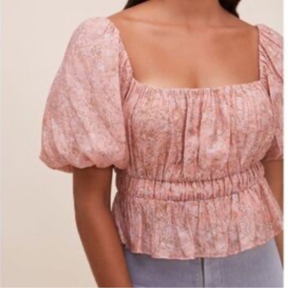 ASTR the Label Theron Botanical Puff Sleeve Smocked Top Size Small